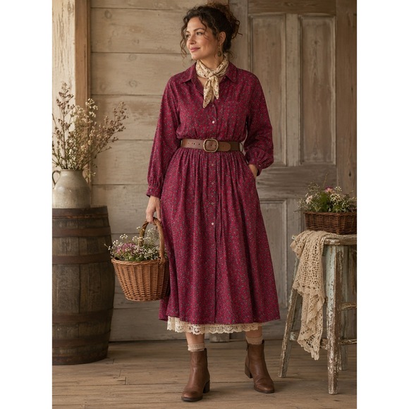 Eddie Bauer Dresses & Skirts - Eddie Bauer Corduroy Dress Women M Petite Red Floral Maxi Prairie Cottagecore